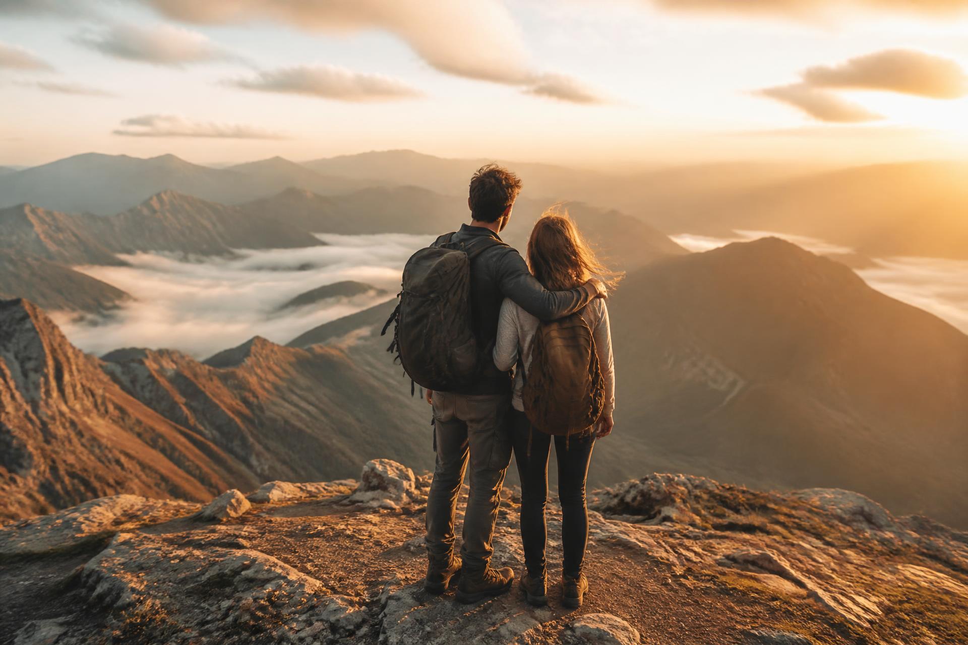 Newlywed couple standing on a mountain ridge at golden hour